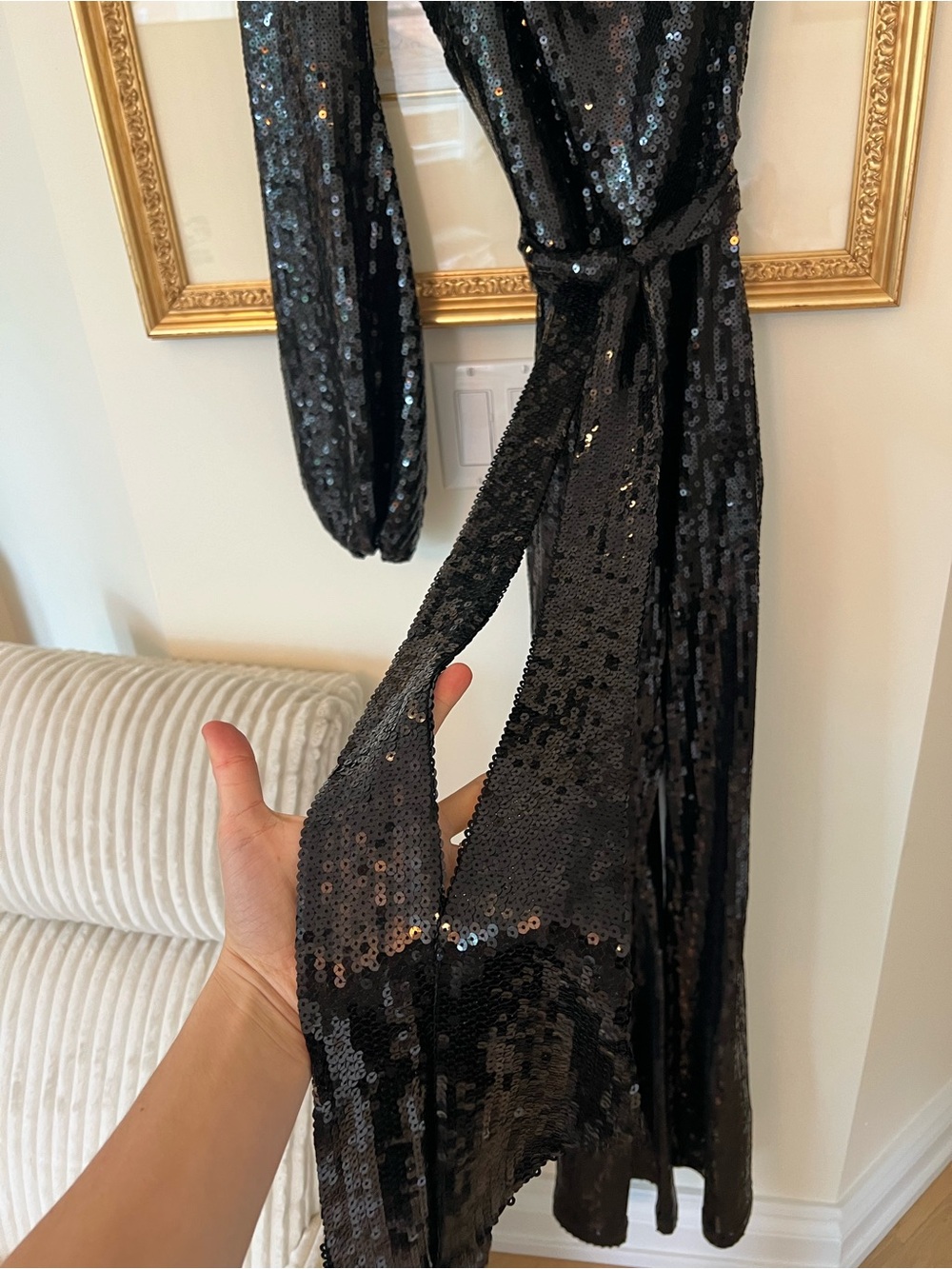 NADINE MERABI Black One-Shoulder Sequin Jumpsuit with Draped Tie - Picture 8 of 9